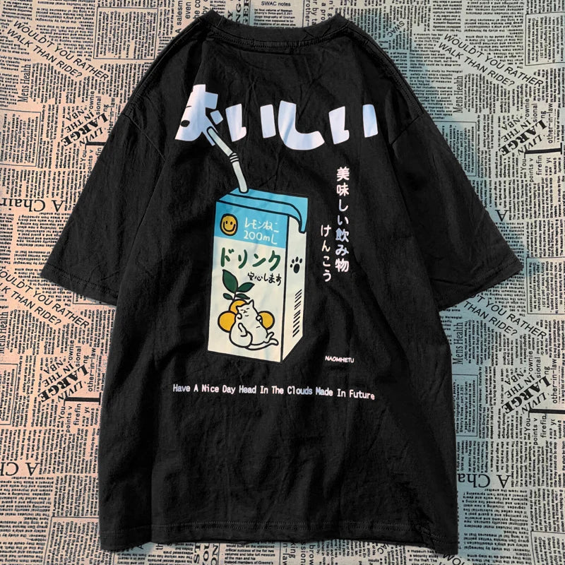 Cute Japanese Cat Print Oversized T-shirt Women Men Short Sleeve Loose Casual Tee Shirt Streetwear Tops Cotton Harajuku Clothing SS69