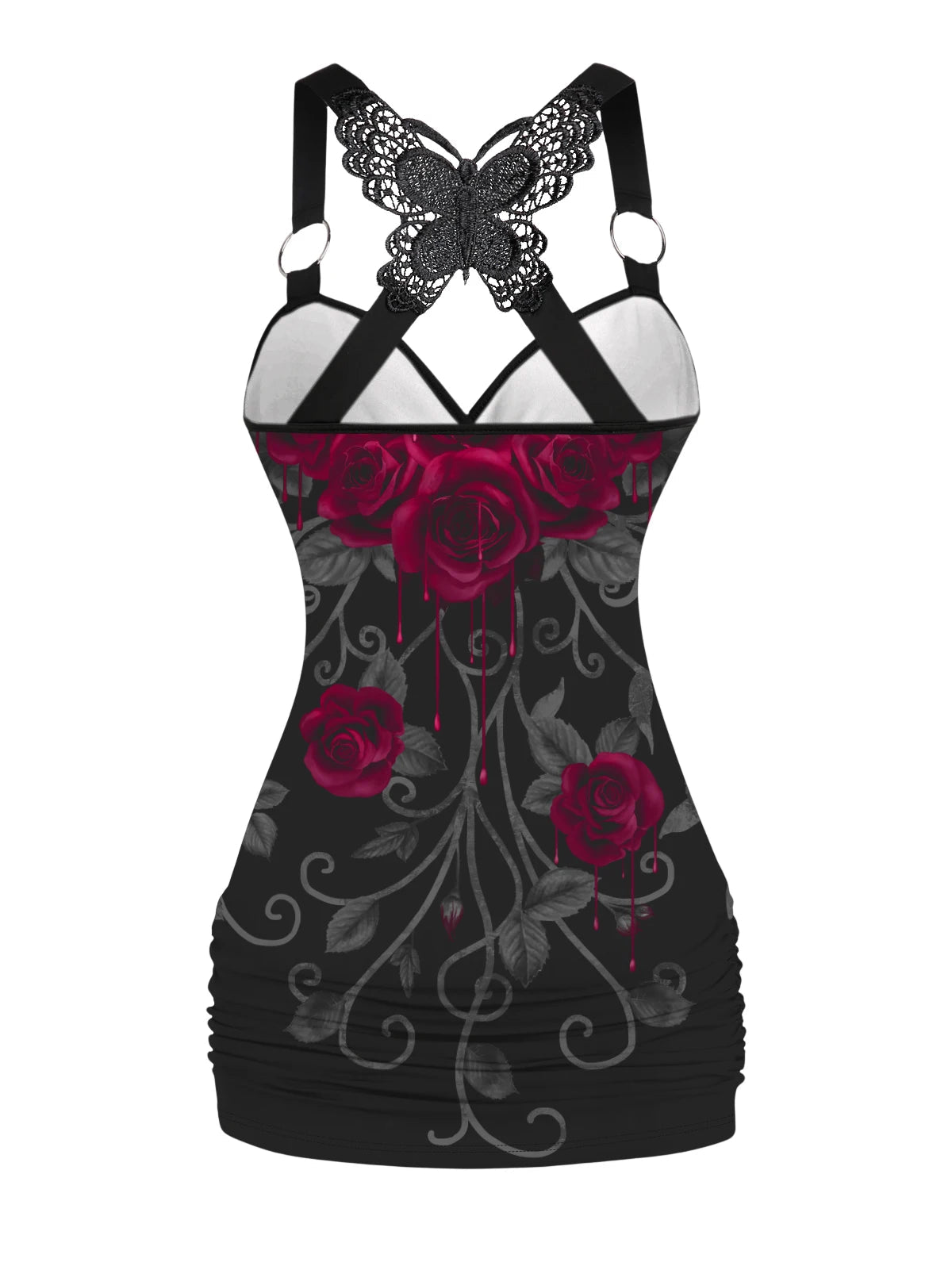 Dressfo 2025 Women's Tank Tops Rose Print Ruched Butterfly Lace Cross Tank Top O Ring Surplice Summer Top SS69