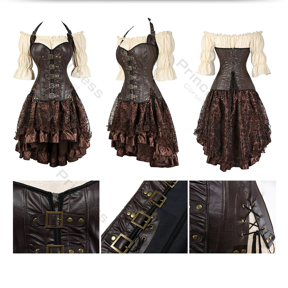 Brown Pirate Dress Plus Size Faxu Leather Steampunk Corset Dress with Shoulder Off Blouse Cosplay Pirate Costume for Women SS69