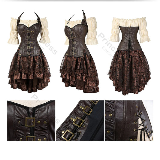 Brown Pirate Dress Plus Size Faxu Leather Steampunk Corset Dress with Shoulder Off Blouse Cosplay Pirate Costume for Women SS69