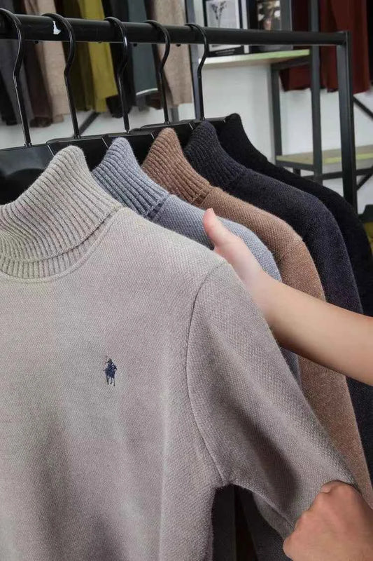 High end brand velvet sweater men's new fashion designer exquisite pony embroidery winter thick warm high neck knitted pullover
