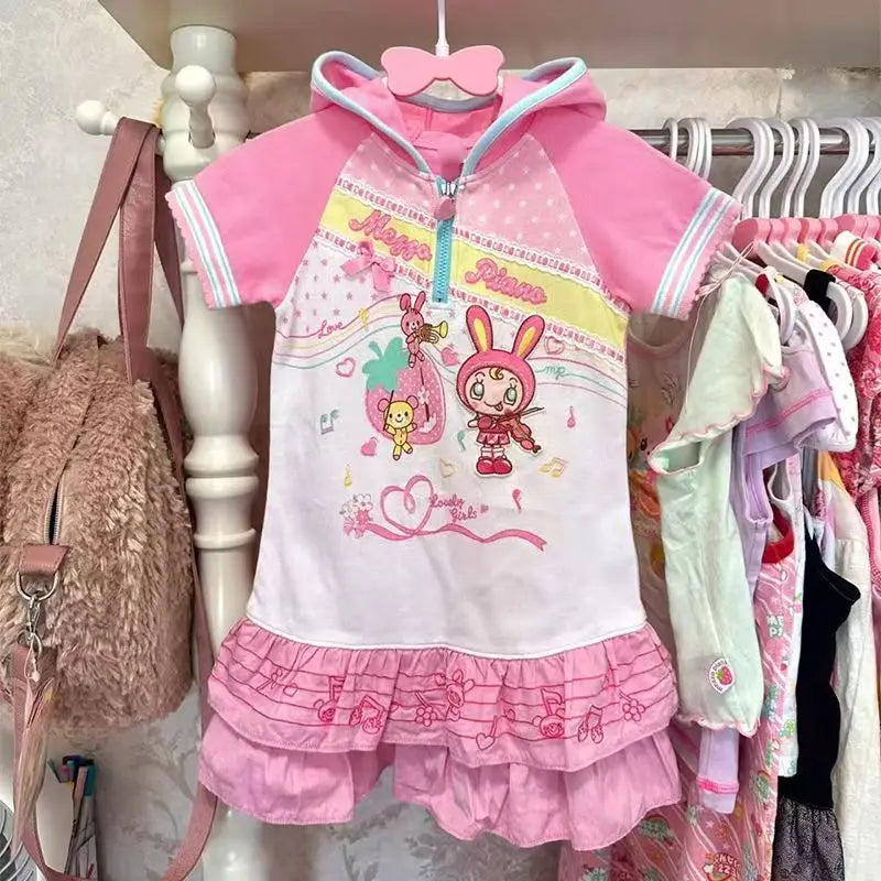 Y2K Japanese Kawaii Cartoon Rabbit Print Dresses Women's Zipper Design A-line Skirt New Harajuku Pink Short-sleeved Hoodie Dress SS69 22.69 Pink / L