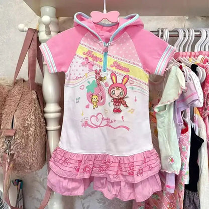 Y2K Japanese Kawaii Cartoon Rabbit Print Dresses Women's Zipper Design A-line Skirt New Harajuku Pink Short-sleeved Hoodie Dress SS69 22.69 Pink / L