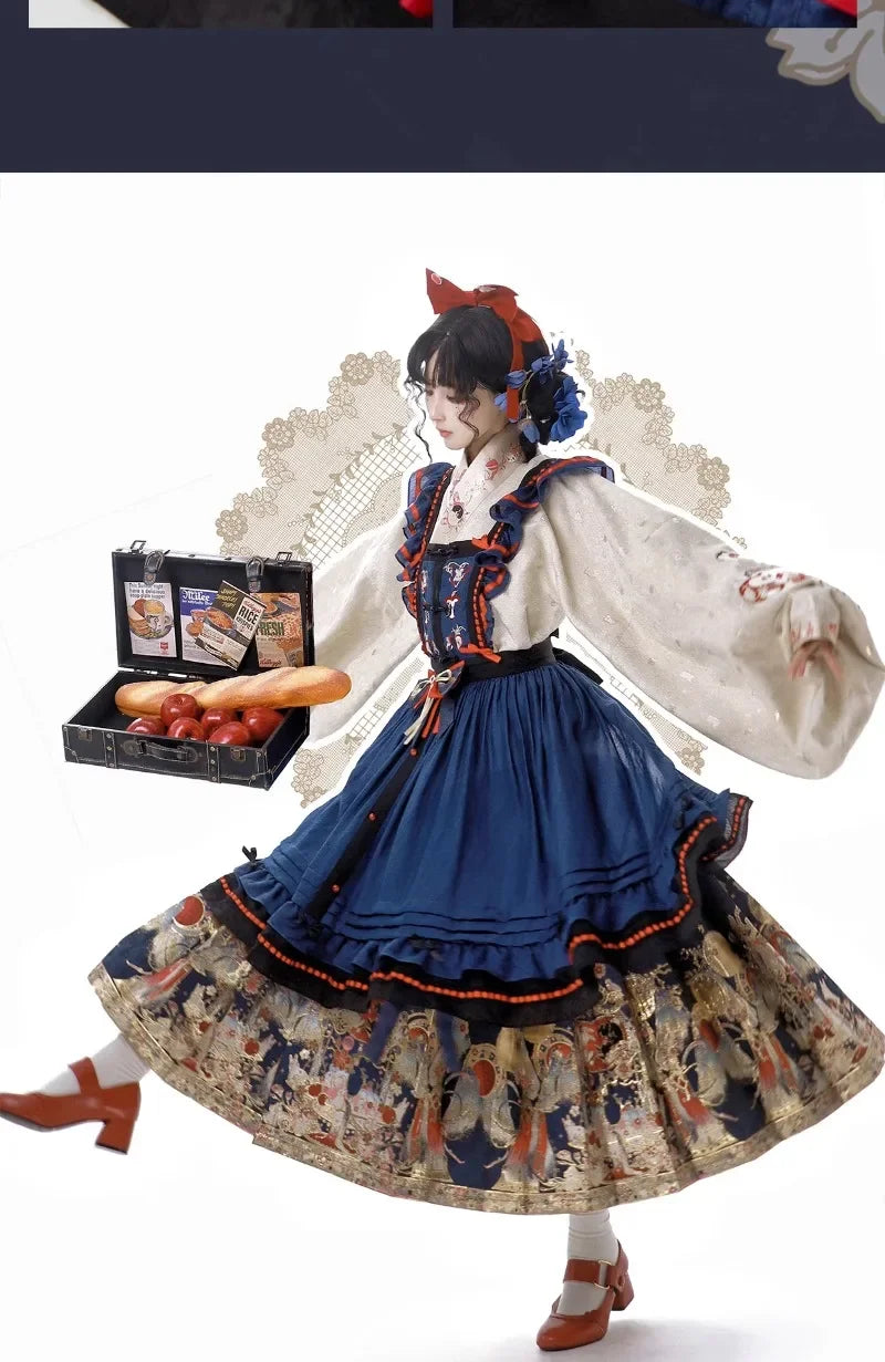 New Spring Chinese Style Female Long-sleeved Weaving Gold Hanfu Dress Set Suit Retro Top Suspender Dress and Pleated Skirt Set