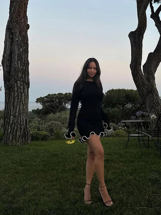 Women Fashion Solid Ruffles Hem Mini Dress Elegant Long Sleeve High Waist Slim Dresses 2025 Summer Vocation Street Vestidos SS69