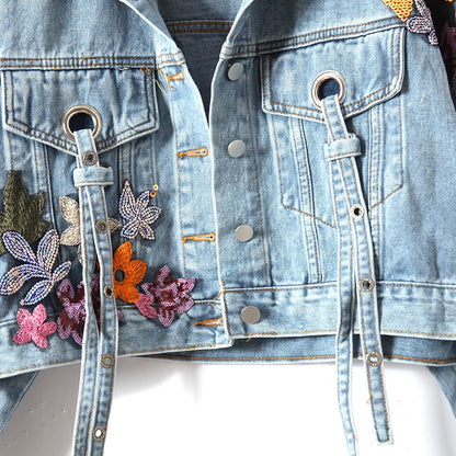 Women Flowers Embroidered Sequined Denim Jacket Spring Autumn Floral Beading Jeans Coat Ribbons Cowboy Cardigan Tops Chaquetas SS69