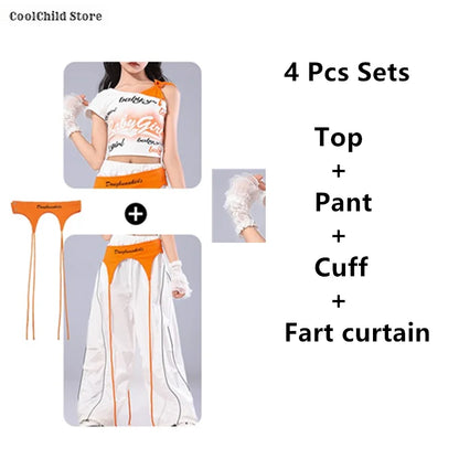 Girls K-pop Off Shoulder Crop Top Lace Cargo Pants Dance Shorts Kids Hip Hop Streetwear Children Jazz Girl Group Clothes Sets