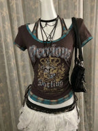 Harajuku Gothic Punk Short Sleeve T-shirts Women Subculture Printed Y2k Crop Top Tees Summer Casual American Vintage T Shirts