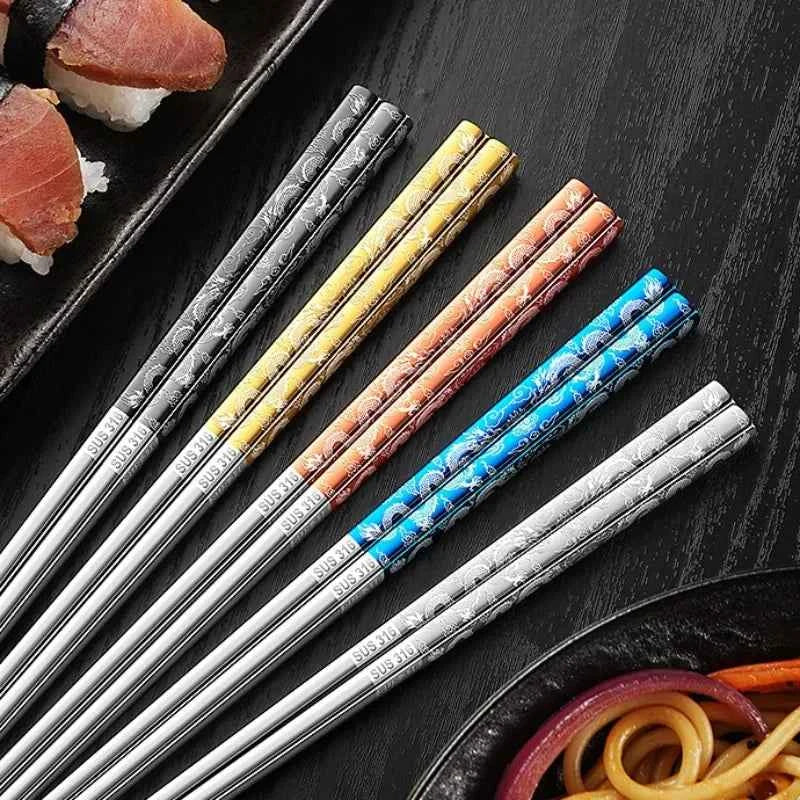 5 pairs 316L Stainless Steel Chopsticks Dragon Pattern New Style Chopsticks Food Grade Household Anti Mildew Extended Chopsticks