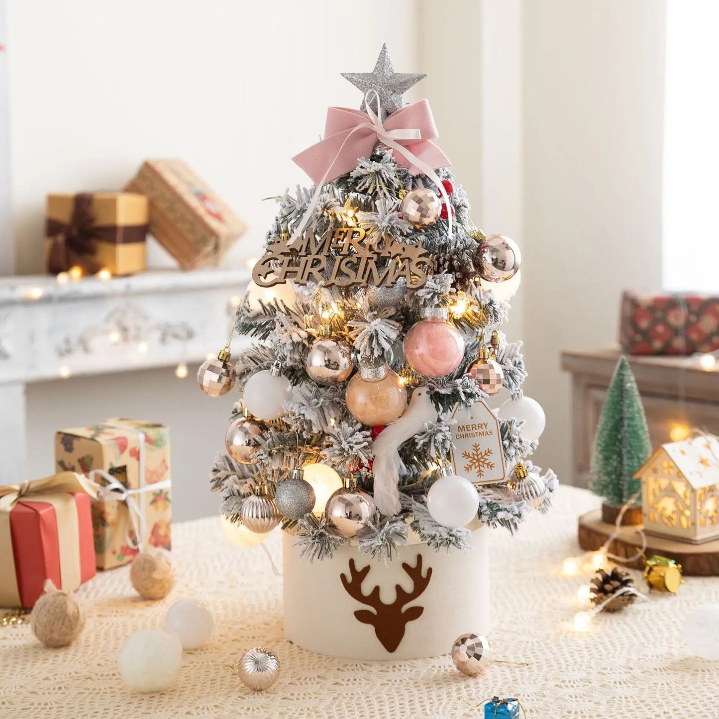 45/60cm Mini Christmas Tree With Lights DIY Desktop Golden Red Christmas Decorations 2024 New Year Home Party Windows Ornaments SS69 38.69 Pink / 45cm