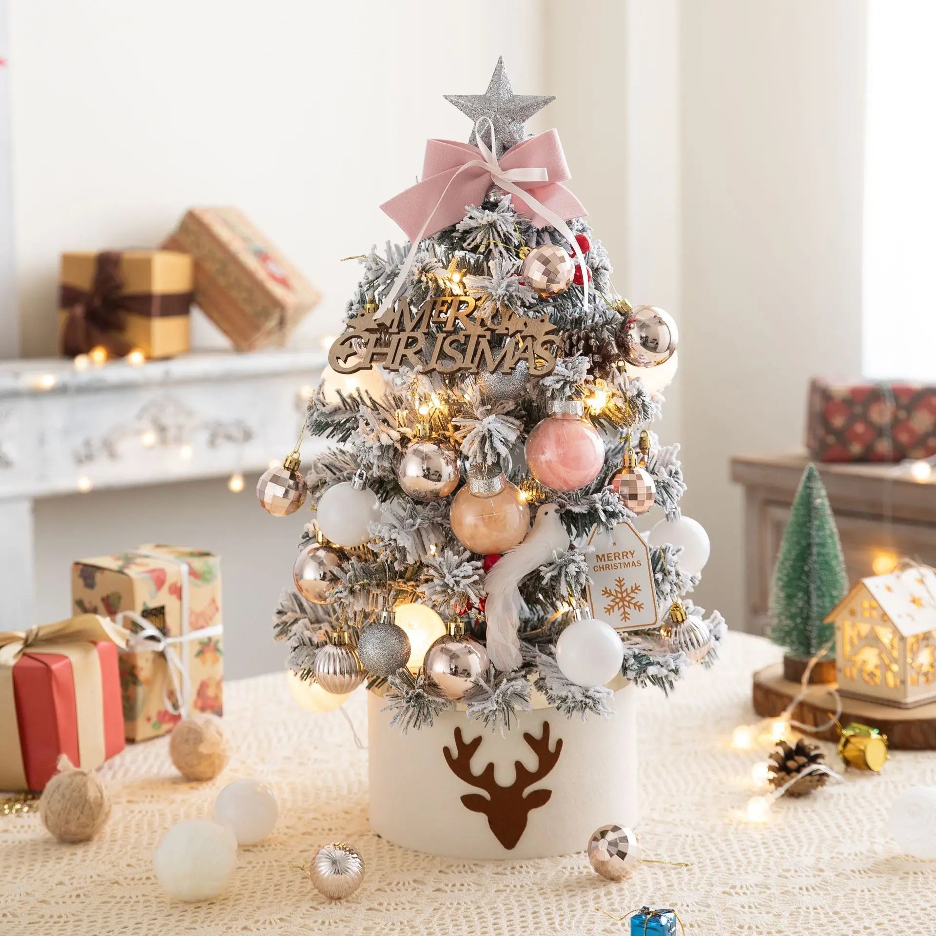 45/60cm Mini Christmas Tree With Lights DIY Desktop Golden Red Christmas Decorations 2024 New Year Home Party Windows Ornaments SS69 38.69 Pink / 45cm