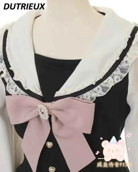 Japanese Style Women's Outfits Sailor Collar Plaid Rhinestone Bow Dress Shorts Set Sweet Lolita Mine Series Dress Two-Piece Suit