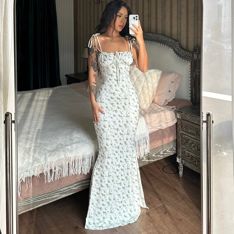 Hugcitar Women Floral Spaghetti Strap Bodycon Maxi Dress