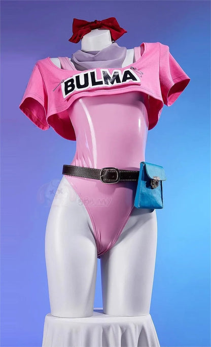 Anime Bulma Cosplay Costume Wig Women Short T-shirt Sexy Leather Bodysuit Headwear Scarf Belt Bag Set Halloween Carnival Clothes