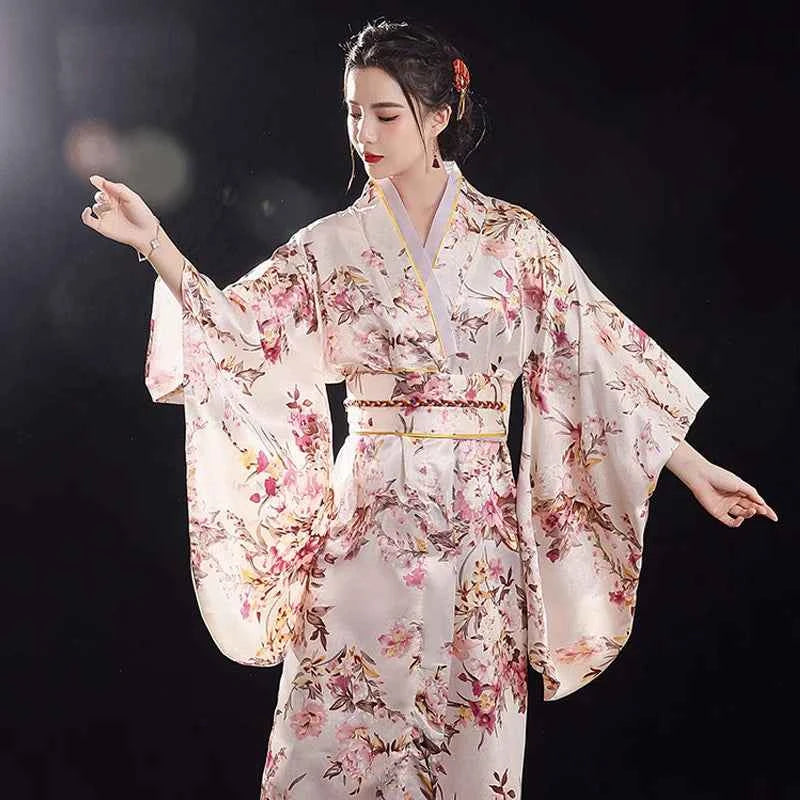 Women's Elegants Japanese Kimono Sexy Yukata with Obi Cosplay Costume National Novelty Evening Dress Printed Flower Geisha Gown