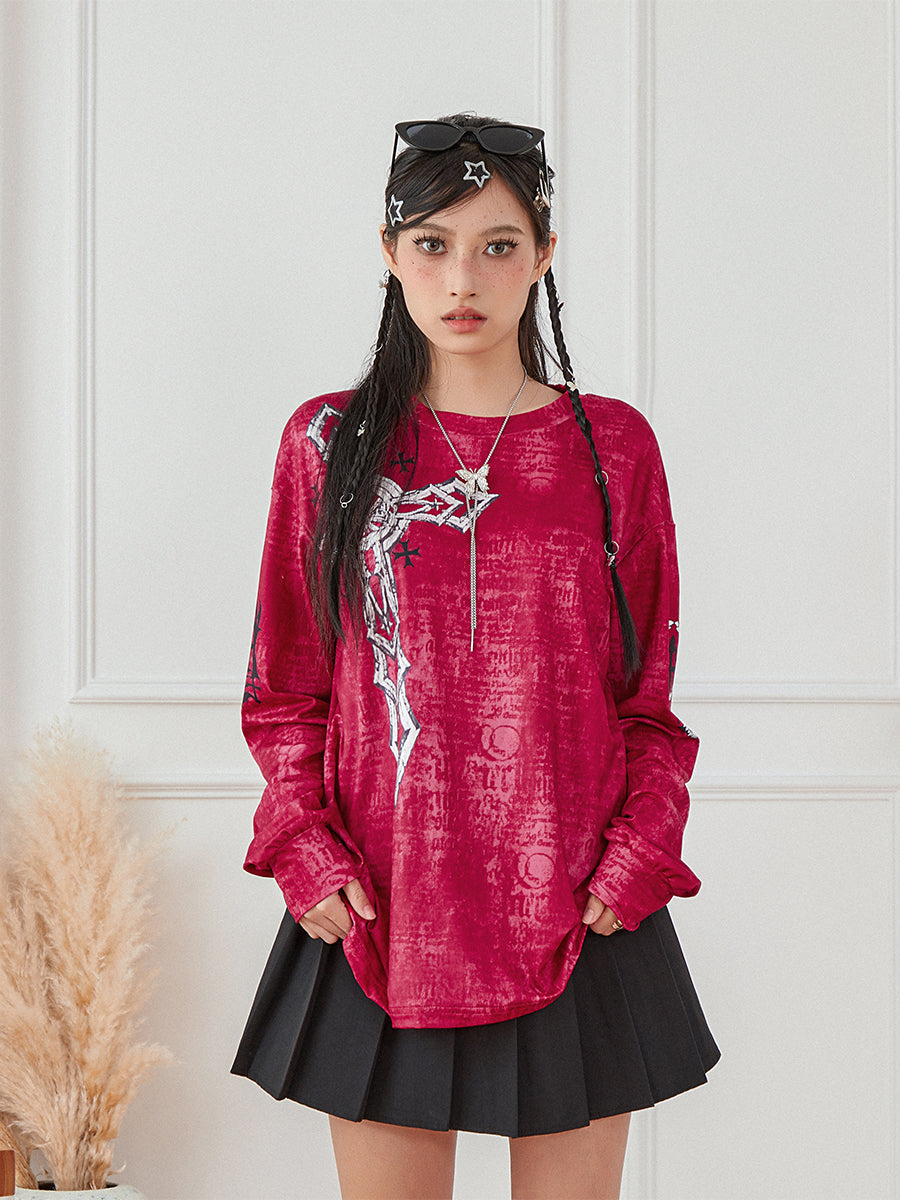 Women s Vintage Graphic Tops Gothic Long Sleeve Round Neck Loose T-Shirts Streetwear Grunge Tops SS69