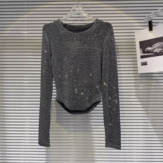Fat people oversized wear 300 catties fashion rhinestone diamond bright silk curved edge women's long-sleeved T-shirt SS69 24.69 Silver / 1XL