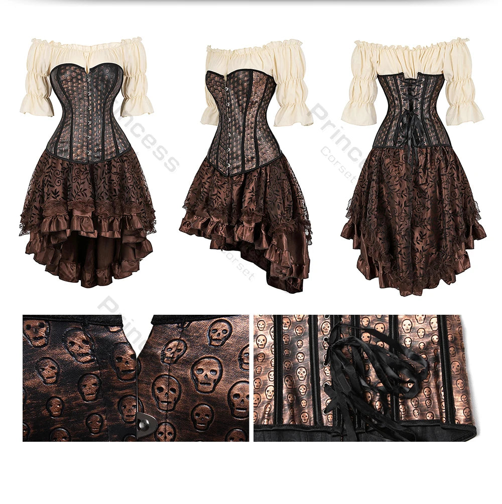 Brown Pirate Dress Plus Size Faxu Leather Steampunk Corset Dress with Shoulder Off Blouse Cosplay Pirate Costume for Women SS69