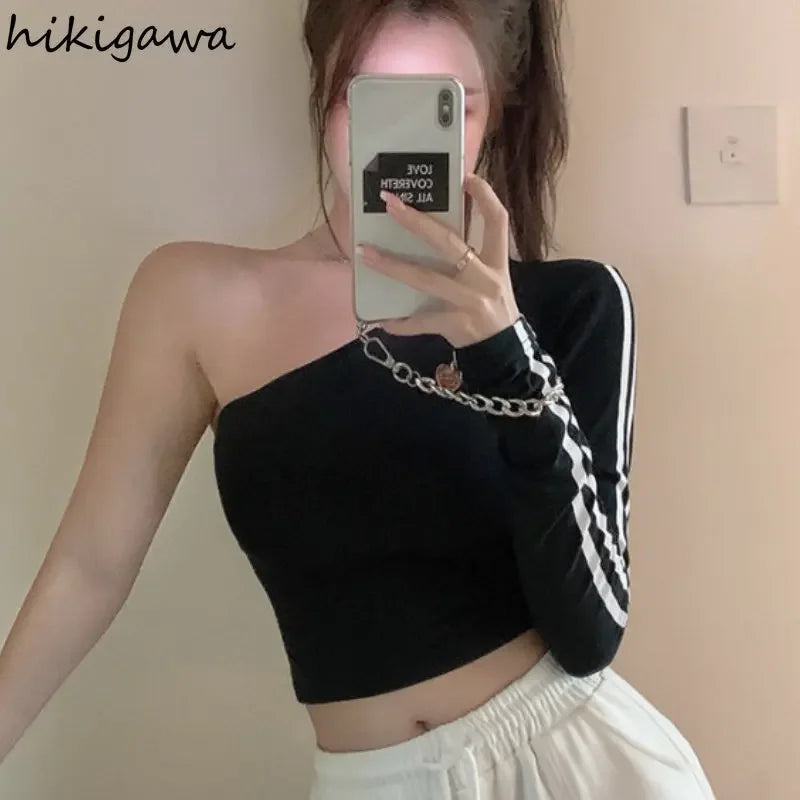 2025 Ropa Mujer Sexy Tshirts Women Off Shoulder Long Sleeve Tunic Black Tees Chic Casual T Shirt Summer Harajuku Y2k Crop Tops SS69
