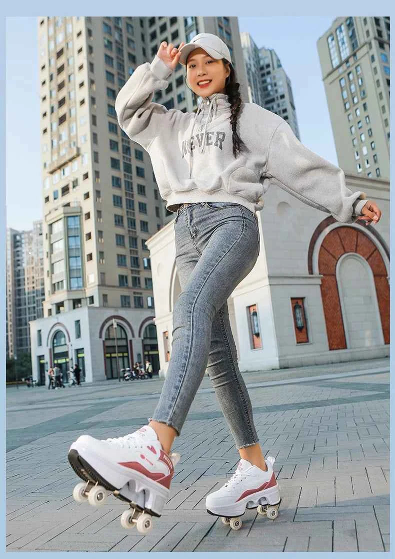 Deformation Shoes Roller Sneakers With 4 Wheels Skates Adult Kids Runaway Parkour Wheels Shoes For Women Men Youth Sport Shoes