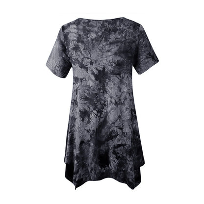 5XL Plus Size Woman Clothing Tie Dye Short Sleeve T-shirt Casual New Style V Neck Irregularity Tops Big Size Ladies Loose Tops - SS69 
