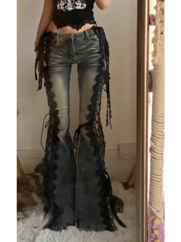 Retro Eyelets Lace Up Flare Jeans Stitch Lace Whiskers Low Rise Split Bootcut Pants Women Bell Bottoms Streetwear Y2k Aesthetic SS69 47.69 Blue / XL