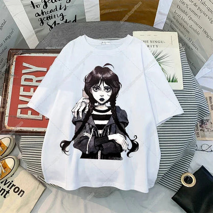 Wednesday Addams Women Casual T-shirt Summer Adult Cartoon Printed Tee Tops Girls Round Neck Clothing Short Sleeve Fashion Gifts SS69 8.69 ADD15 / S