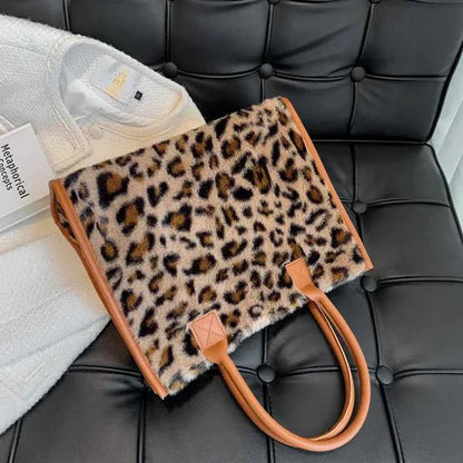 Winter Faux Fur ,Leopard Print Designer Shopper Totes, Fashion Soft Plush Women Shoulder Bags, Large Capacity Handbags and Purse