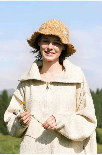 OhSunny Autumn Winter Wavy Brim Bucket Hats,Rainbow Cute Thermal Caps Women's Outdoor Warm Hand-knitted Fisherman Caps Packable