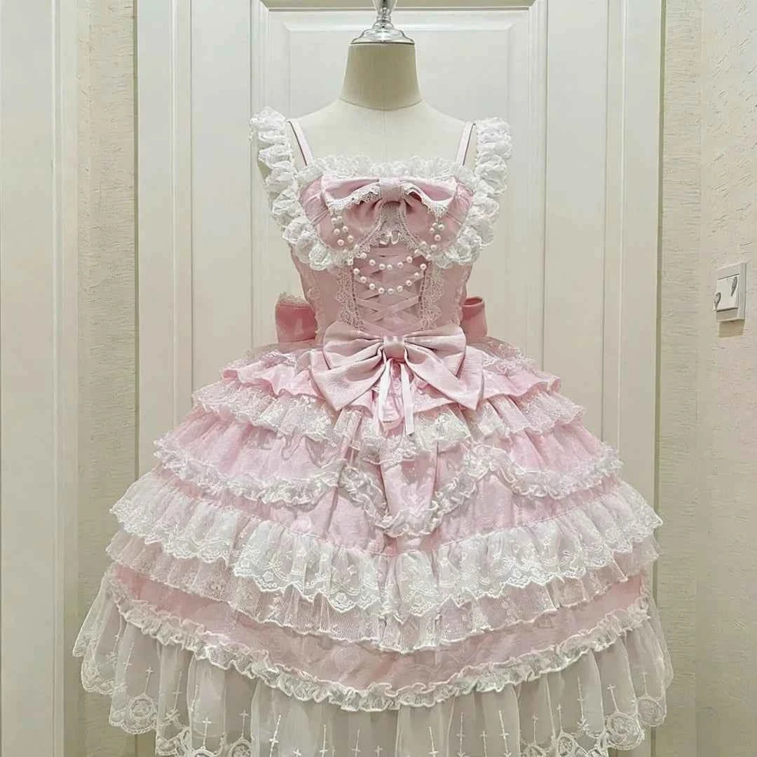 Kawaii Lovely Slim Lolita Dress Women Design Sweet Bow Sleeveless Sling Dresses Elegant Cute Pretty New Clothing