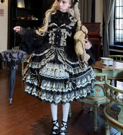 Victorian Gothic Dress Women Luxury Elegant Lolita Lace Ruffles Bow Wedding Y2k Dress Japanese Vintage Princess Party Dresses SS69 95.69 black / L
