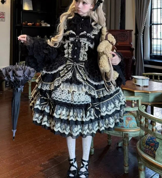 Victorian Gothic Dress Women Luxury Elegant Lolita Lace Ruffles Bow Wedding Y2k Dress Japanese Vintage Princess Party Dresses SS69 95.69 black / L