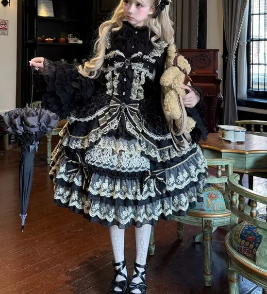 Victorian Gothic Dress Women Luxury Elegant Lolita Lace Ruffles Bow Wedding Y2k Dress Japanese Vintage Princess Party Dresses SS69 95.69 black / L