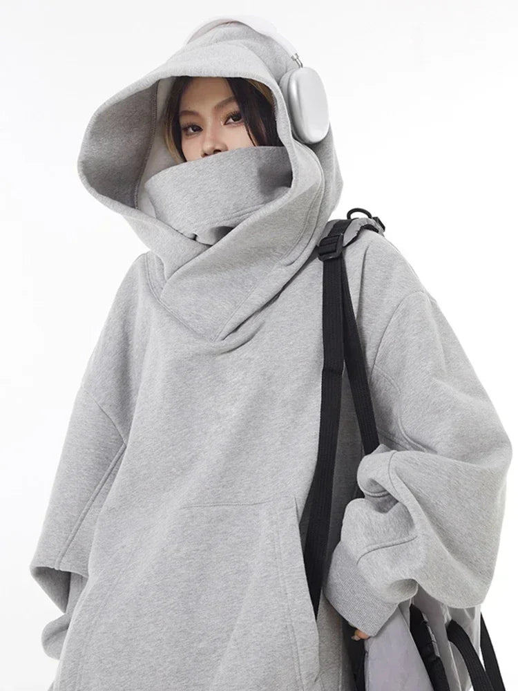 Autumn Solid Color Ninja Turtleneck Hoodies For Men Y2K Vintage Fleece Sweatshirts Hip Hop Japanese Streetwear Oversized Hoodie