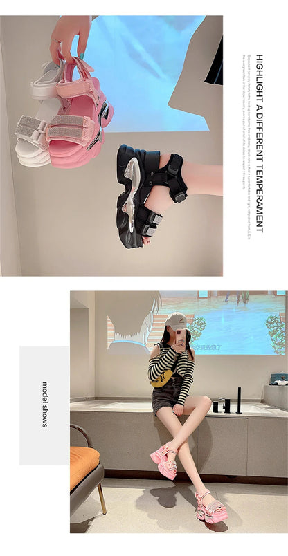 Summer High Platform Women Sandals Buckle 10CM Wedges Bling Shoes Fashion 2023 Outside Chunky Sandals Beach Casual Slides Woman SS69