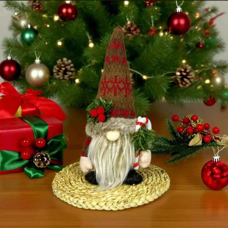 Christmas Decorations, Knitted Hat with Pine Branch, Rudolph Plush Toy, Gnome Faceless Doll Figurine
