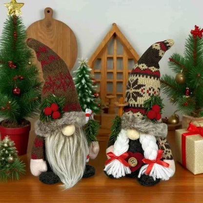 Christmas Decorations, Knitted Hat with Pine Branch, Rudolph Plush Toy, Gnome Faceless Doll Figurine