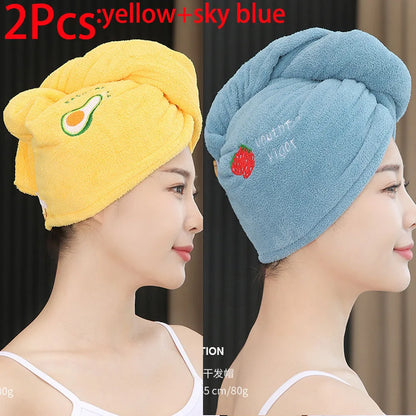 2pc Quick-Dry Super Absorbent Magic Microfiber Hair Drying Towel,Shower Cap & Turban,Soft Polyester Bath Hat with Button Closure