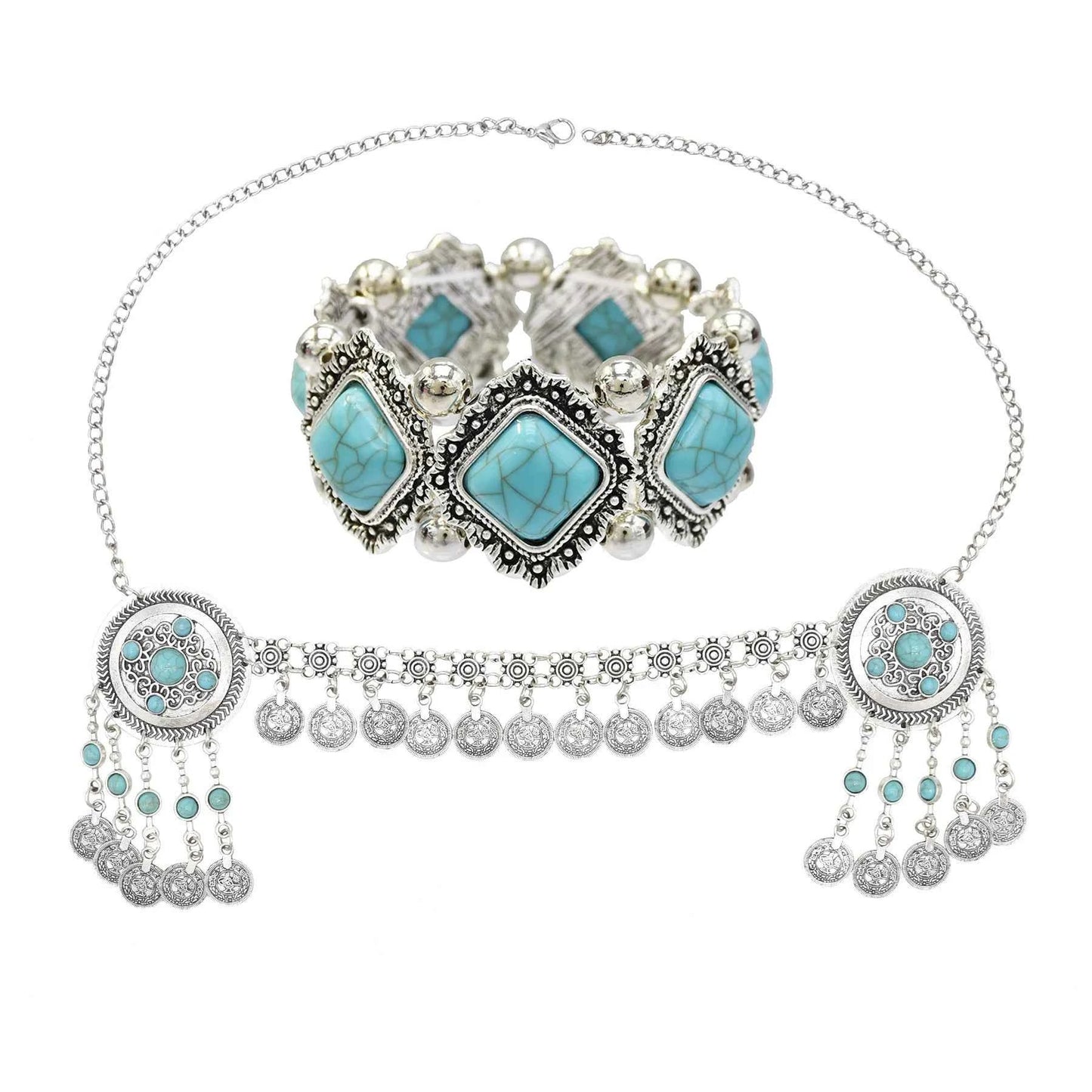 Traditional Kazakhstan Ethnic Coins Bracelet Hair Accessories  for Women Vintage Nepalese Tibetan Clothing Headwear Jewelry Set