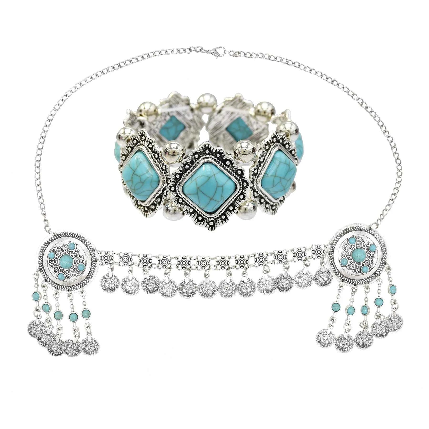 Traditional Kazakhstan Ethnic Coins Bracelet Hair Accessories  for Women Vintage Nepalese Tibetan Clothing Headwear Jewelry Set