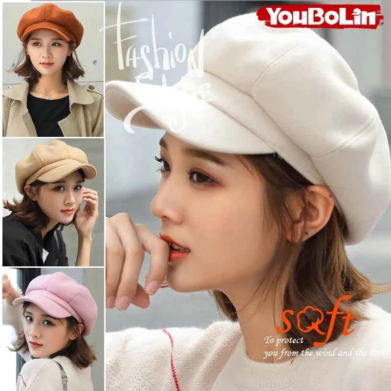 Solid Color Korean Style Woolen Octagonal Hat for Women Autumn/Winter New Style Duckbill Beret, Trendy British Style Painter Hat