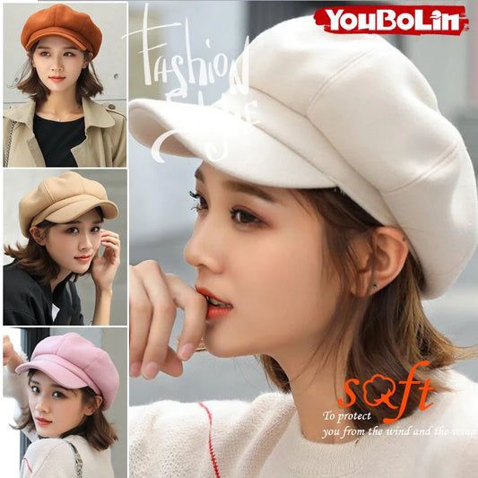 Solid Color Korean Style Woolen Octagonal Hat for Women Autumn/Winter New Style Duckbill Beret, Trendy British Style Painter Hat