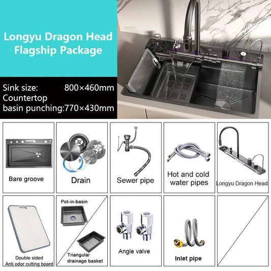 BOSX 304 Stainless Steel Kitchen Sink with Waterfall Faucet and Digital Display