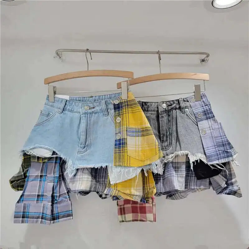 DEAT Women's Denim Skirt Colored Plaid Patchwork Irregular Deconstructed A-line High Waist Mini Skirt 2025 Summer New Fashion SS69