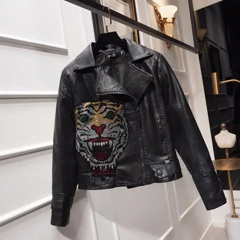 Chic Floral Sequined Embroidery Faux Leather Jacket Short Locomotive PU Coat Diamonds Beaded Turn Down Collar Zippers Streetwear SS69