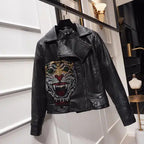 Chic Floral Sequined Embroidery Faux Leather Jacket Short Locomotive PU Coat Diamonds Beaded Turn Down Collar Zippers Streetwear SS69
