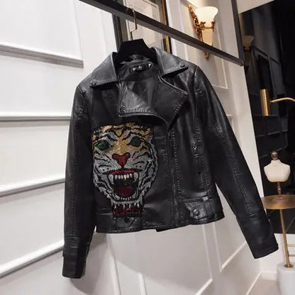 Chic Floral Sequined Embroidery Faux Leather Jacket Short Locomotive PU Coat Diamonds Beaded Turn Down Collar Zippers Streetwear SS69