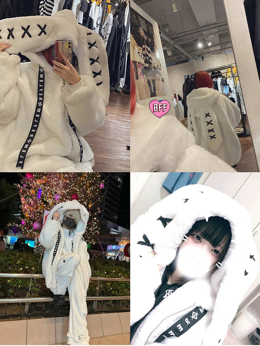 Nerazzurri Winter Sweet Cute Kawaii Soft Thick Warm White Faux Fur Coat Women with Bunny Ears Cute Fluffy Jacket Hoodie 2024 SS69