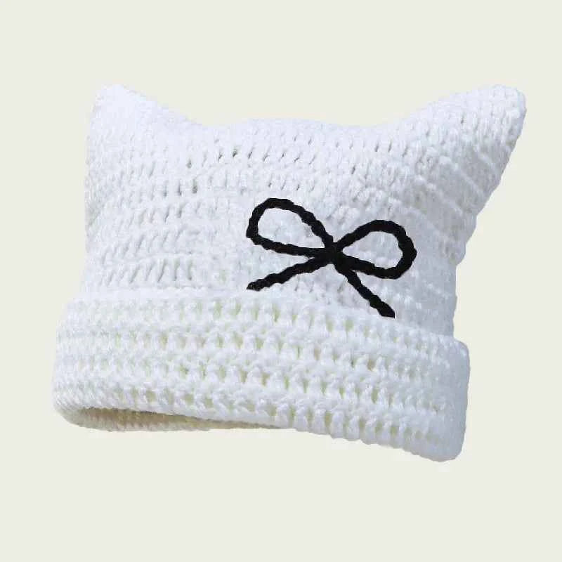 2025 New Hand-Knitted Bow Cat Ear Hooded Cap For Winter Men And Women, Striped Hollowed-Out Knitted Cap, K2y Street Style