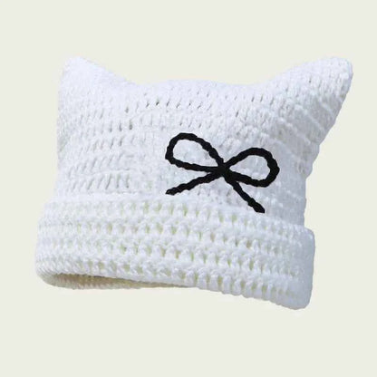 2025 New Hand-Knitted Bow Cat Ear Hooded Cap For Winter Men And Women, Striped Hollowed-Out Knitted Cap, K2y Street Style